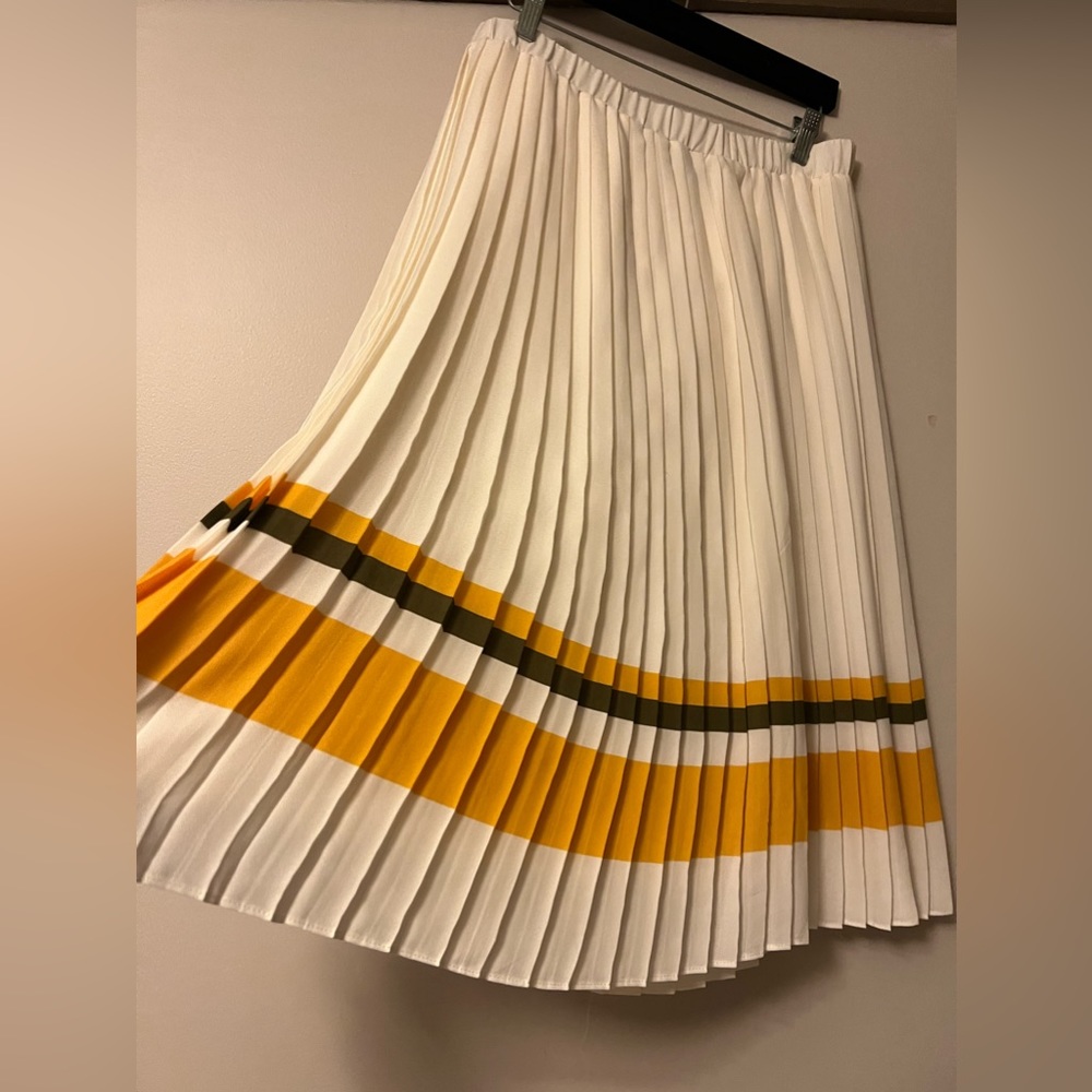 Banana Republic Pleated Midi with mustard and olive stripes, worn couple times